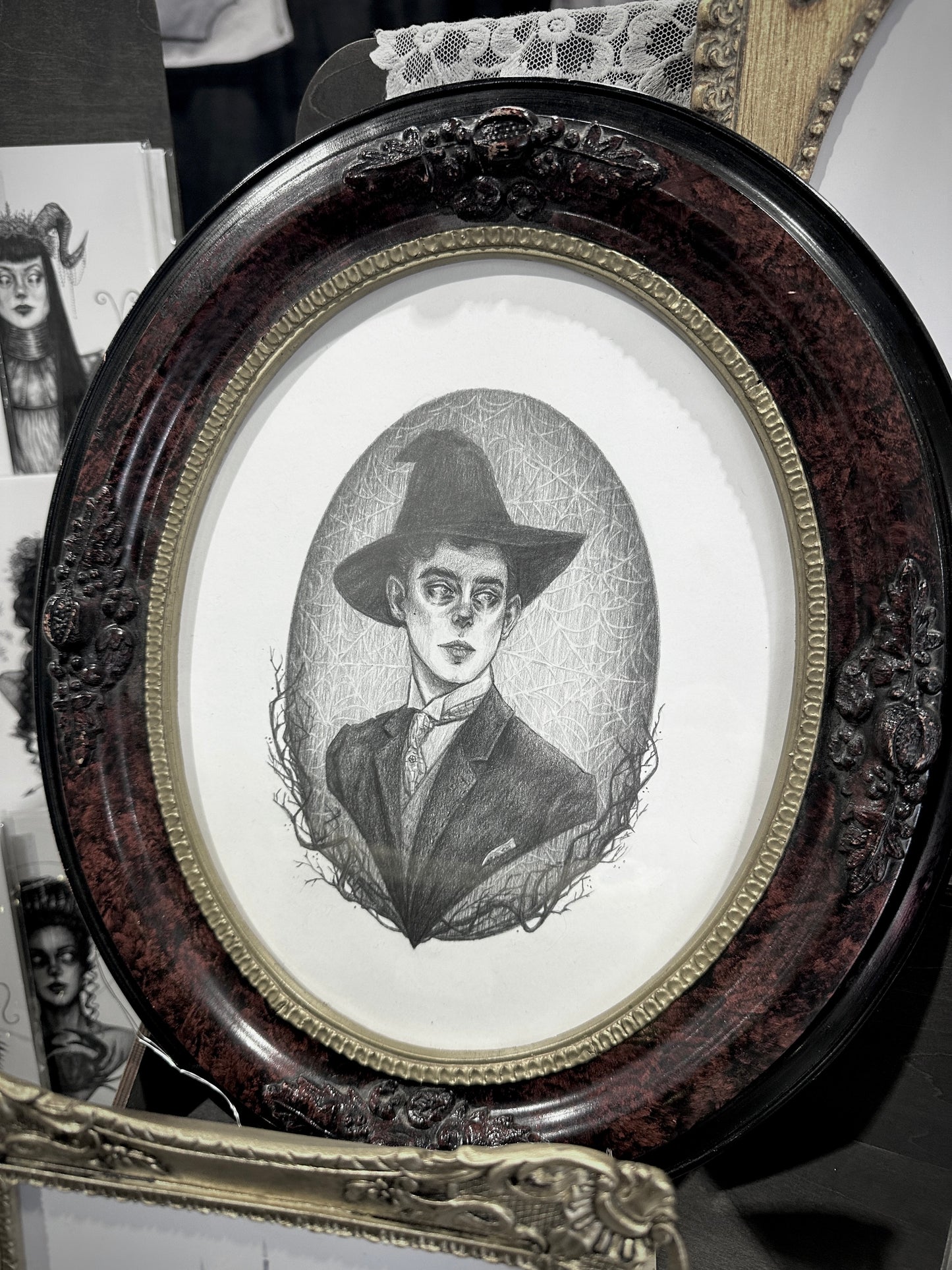 Ernest - Original Graphite Drawing by Caitlin McCarthy in Antique Wood Frame