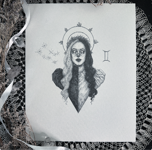 Gemini Zodiac Goddess - Original Drawing by Caitlin McCarthy