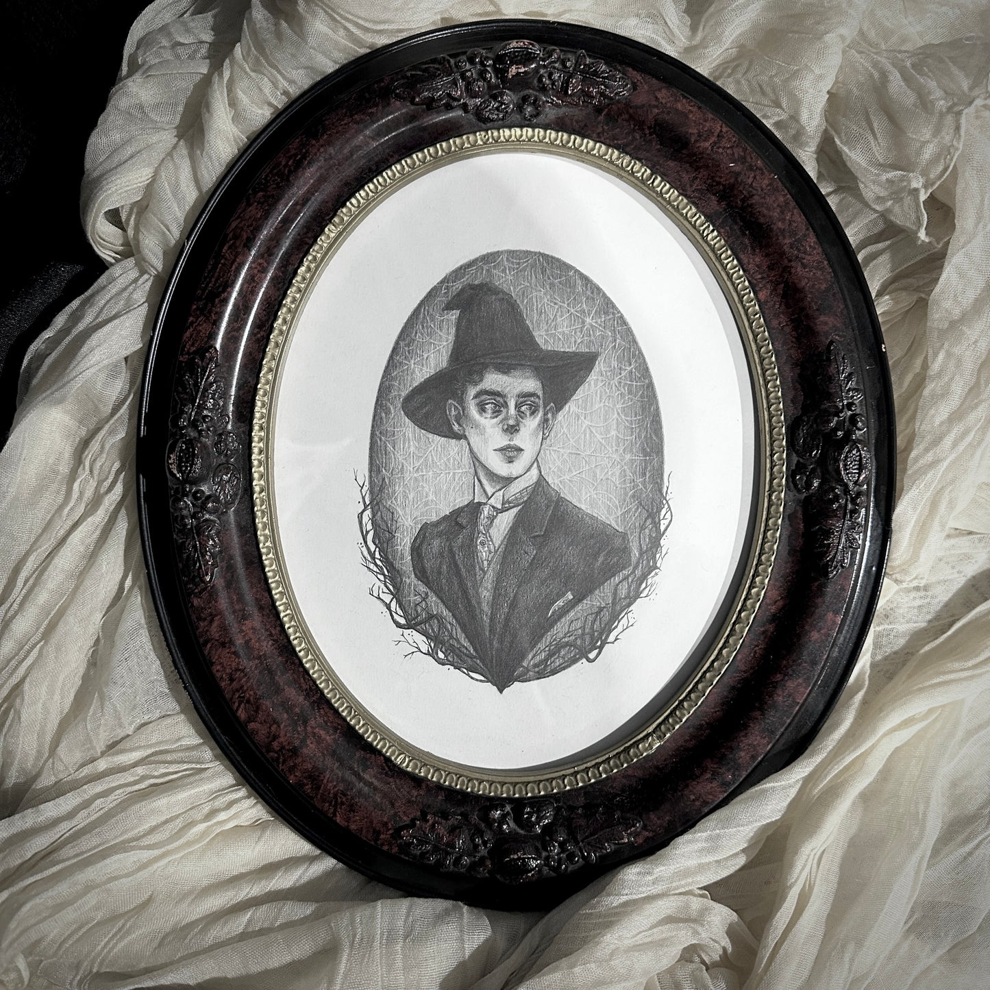 Ernest - Original Graphite Drawing by Caitlin McCarthy in Antique Wood Frame