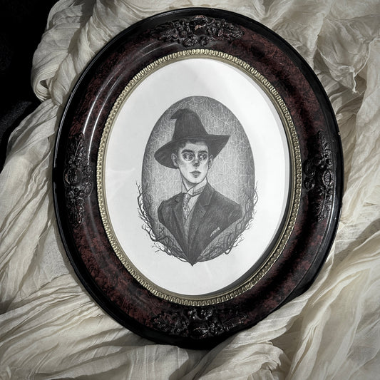 Ernest - Original Graphite Drawing by Caitlin McCarthy in Antique Wood Frame